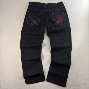 Y2K Red Ape Baggy Jeans Men 36x32 Black Red Embroidered Lion Loose Straight